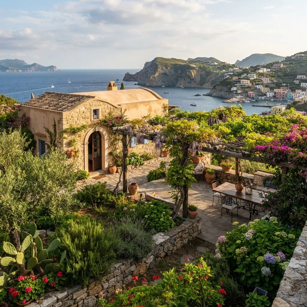 Una casa in pietra con pergolato e giardino fiorito affacciata su un'isola