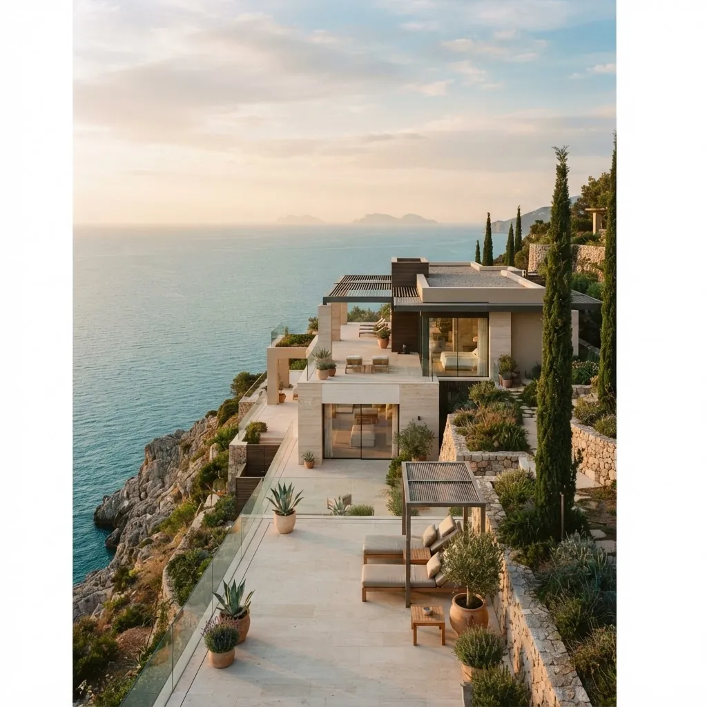 Villa contemporanea a terrazze sulla scogliera, affacciata sul mare al tramonto